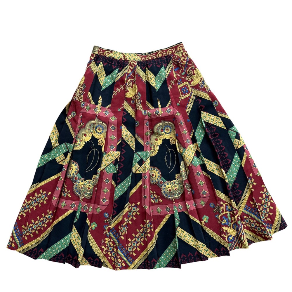 Vintage Hermes Paris Silk Pleated Skirt Red Navy Equestrian Scarf Print 36 - Picture 2 of 7